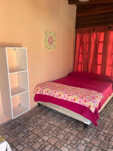 馬德普拉塔的住宿－Anmery departamento，一间卧室配有一张带红色窗帘的床