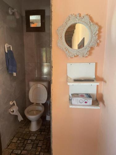 baño con aseo y espejo en la pared en Anmery departamento en Mar del Plata