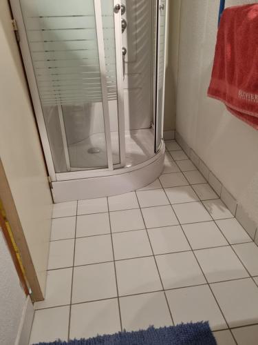een douche met een glazen deur in de badkamer bij Aulos Studio in Aulos