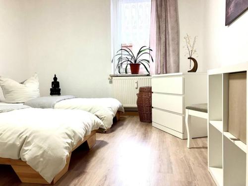 um quarto com 3 camas e uma janela em Quartier Planitz em Zwickau