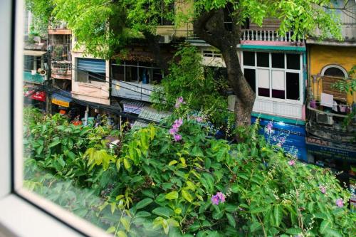 NT Elysian hotel في هانوي: اطلالة على حديقة فيها ورد امام مبنى