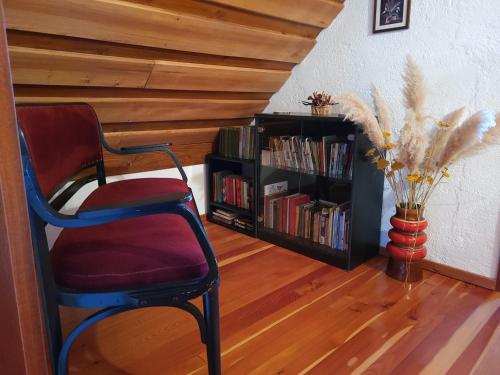 una habitación con una silla y una estantería con libros en Jurček Holiday Home, en Kotlje