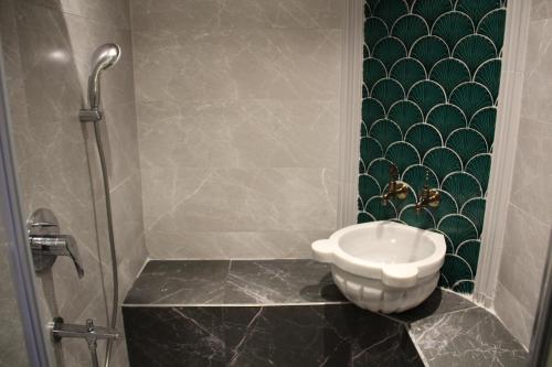 a bathroom with a toilet and a sink in a shower at Sabiha Sultan Hotel-Karakoy in Istanbul