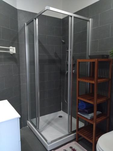 une douche avec une porte vitrée dans une salle de bain dans l'établissement Nice appartement centre ville, à Nice