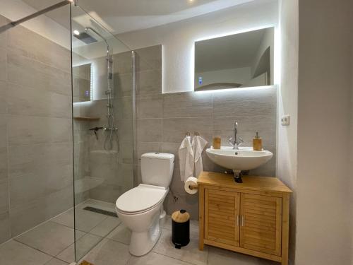 uma casa de banho com um WC, um lavatório e um chuveiro em Bamboo Berlin em Berlim