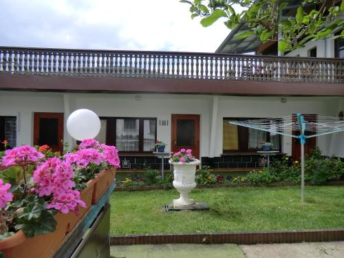 a garden with pink flowers and an umbrella at Pension Villa Brödel in Bad Blankenburg