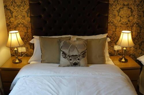 a wolf pillow on a bed with two lamps at Large Apartment in Rothesay on The Isle of Bute in Rothesay