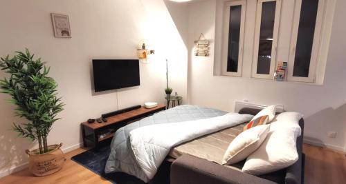 a bedroom with a bed and a tv on the wall at Reims Appart - Idéal pour Pro en déplacement *Wifi rapide *Vue panoramique *Parking facile in Roubaix