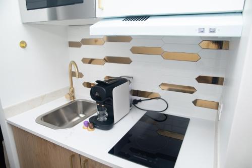 eine Küche mit einer Spüle und einem Toaster auf der Theke in der Unterkunft Paris' Premium Romantic Studio in Paris