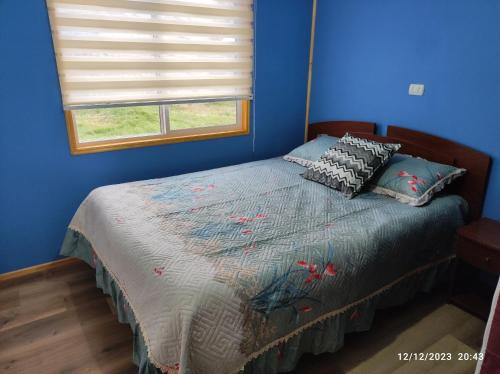 een slaapkamer met een bed met blauwe muren en een raam bij Valle de la Luna in Coihaique Alto