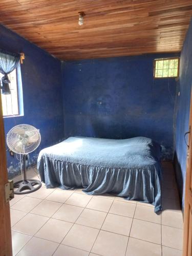 a blue room with a bed and a fan at Cabinas Chavez in Rivas