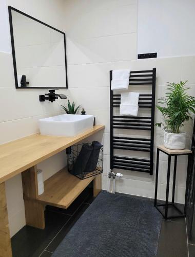 a bathroom with a sink and a mirror at HAFCIK Apartamenty in Poronin