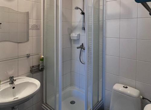 a bathroom with a shower and a toilet and a sink at Fry House in Warsaw