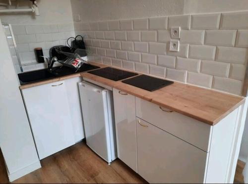 une cuisine avec un comptoir et un réfrigérateur dans l'établissement Le Black and White cosy studio Toulouse centre, à Toulouse