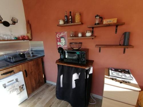 a kitchen with a microwave on top of a counter at Le cocon Cévenol in Anduze