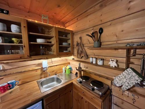 a kitchen with a sink and a counter top at DZIUPLA - Berghaus in der Tatra mit Holzsauna in Brzegi