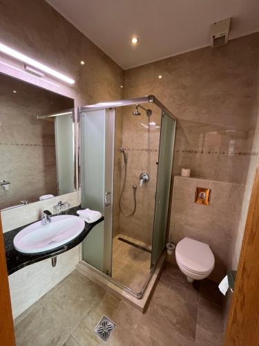 a bathroom with a shower and a sink and a toilet at Hotel Wagner in Szombathely