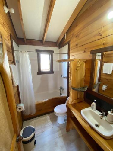 a bathroom with a tub and a toilet and a sink at Hostal El Durmiente a 5 minutos del centro de Panguipulli in Panguipulli