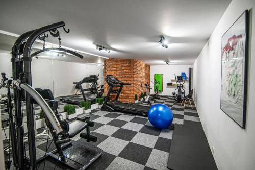 a gym with several tread machines and a blue ball at Modra Sikorka in Smardzewice
