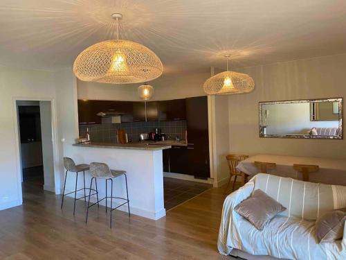 un salon avec un canapé et une cuisine dans l'établissement Charmant appartement Château d'Oléron, au Château-dʼOléron