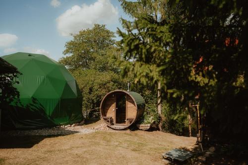 Głęboki Bród的住宿－Czarna Hańcza Glamping，绿帐篷,位于树旁的田野