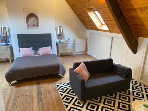 a living room with a bed and a couch at Charmant appartement entre Saint-Malo et le Mont-Saint-Michel in Dol-de-Bretagne