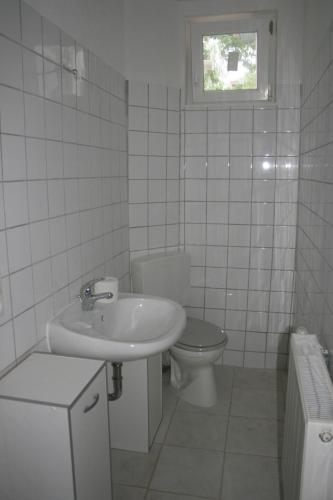 ein weißes Bad mit einem Waschbecken und einem WC in der Unterkunft Appertment im Garten in Worms