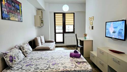 um quarto com uma cama, um sofá e uma televisão em Karina New Flat near Palas Mall em Iaşi