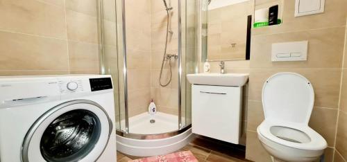 uma casa de banho com uma máquina de lavar roupa e um WC em Karina New Flat near Palas Mall em Iaşi