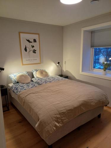 una camera da letto con un grande letto e una finestra di K8 Apartment a Kongsberg