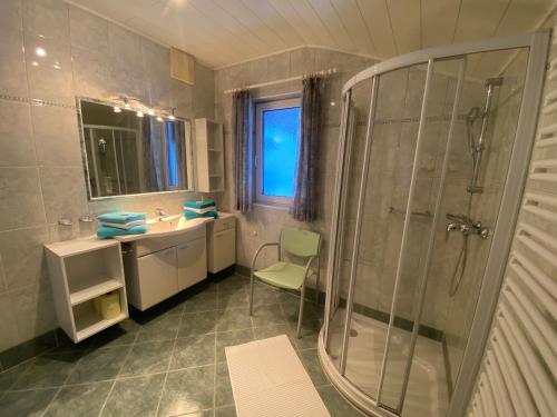 La salle de bains est pourvue d'une douche et d'un lavabo. dans l'établissement Haus Bergheim, à Ramsau am Dachstein