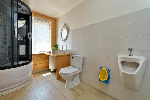 a bathroom with a toilet and a sink and a urinal at Holiday House Sunny Hill in Veliko Trgovišće