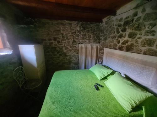 a bedroom with a green bed in a stone wall at Casa di Pietra in Usellus