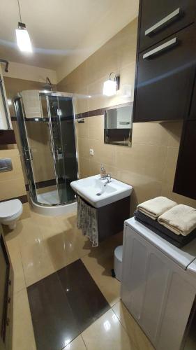 y baño con lavabo, ducha y aseo. en Nadmorski Apartament Rodzinny en Żarnowska