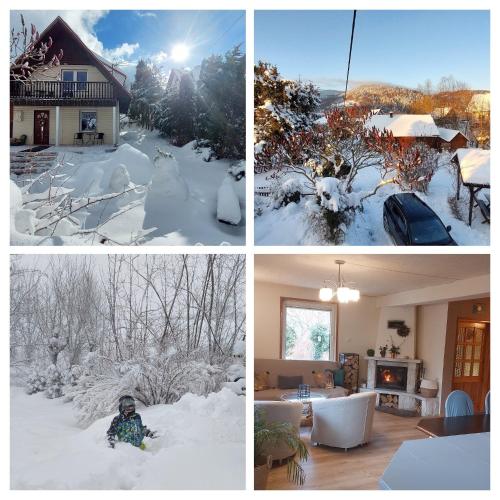 a group of four pictures of a house covered in snow at Cottage Zawoja z Jacuzzi in Zawoja