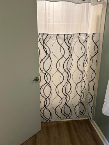 a bathroom with a shower curtain with a swirl pattern at Cozy 4BR Ski retreat and Water Park! in Massanutten