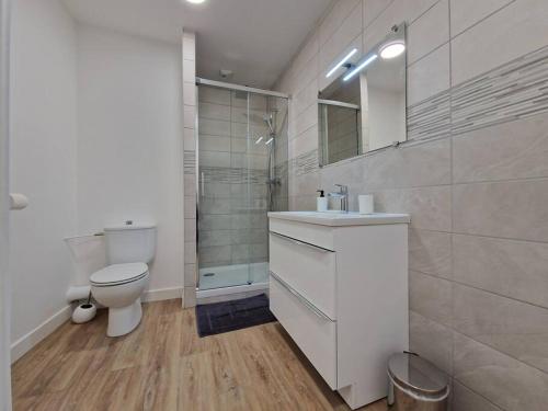 e bagno con servizi igienici, lavandino e doccia. di Cosy & Work - 2 chambres- Centre a Brest