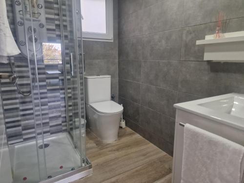 La salle de bains est pourvue d'une douche, de toilettes et d'un lavabo. dans l'établissement PASARELA ALMOZARA HOME, à Saragosse