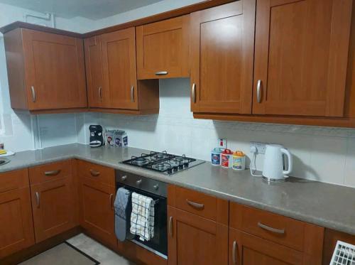 a kitchen with wooden cabinets and a stove top oven at 2 Bedroom Apartment in Exhall
