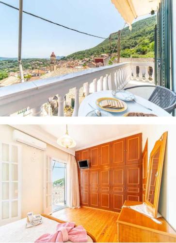 two pictures of a bathroom with a tub and a balcony at Pavlos Sofia Suites in Corfu Town
