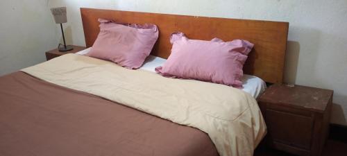 Una cama con dos almohadas rosas encima. en Daliko Farm, 