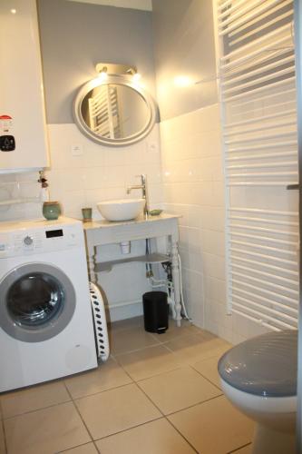 a bathroom with a washing machine and a sink at La p'tite maison in Lussas-et-Nontronneau