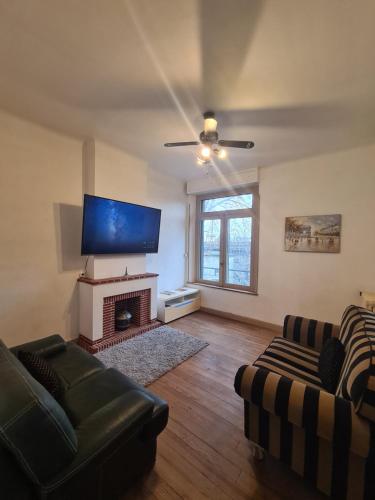 a living room with a couch and a fireplace at Spacious Luxury 2 bed appartment in Carcassonne