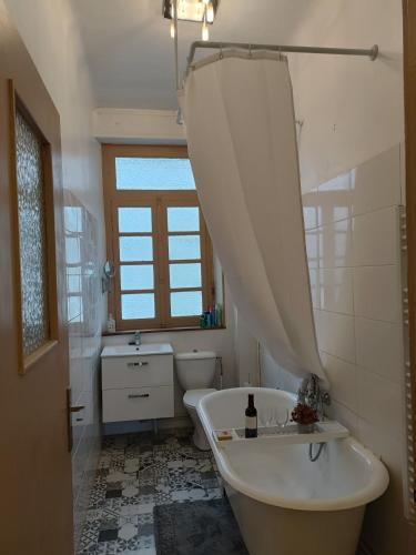 une salle de bain avec une baignoire, des toilettes et un lavabo dans l'établissement Spacious Luxury 2 bed appartment, à Carcassonne
