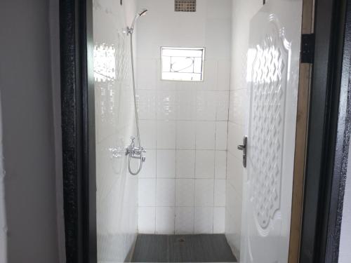a shower in a bathroom with a window at Ramachi apartments in Livingstone