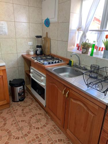 a kitchen with a sink and a stove at Cabanas Klenner in Puerto Varas
