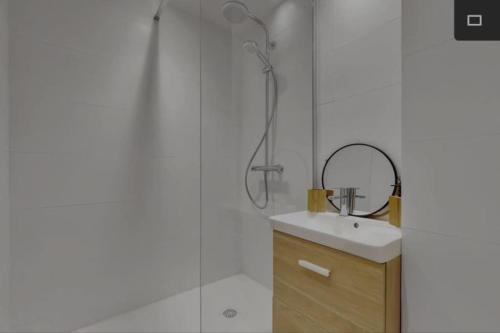 une salle de bain avec une douche, un lavabo et un miroir dans l'établissement Appartement neuf pour 6, parking et box, au calme, à Villeurbanne