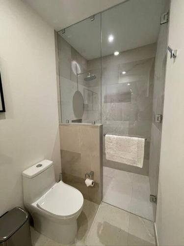a bathroom with a toilet and a glass shower at Viva Nautica Solaria 2 BR condo with sea view, 2 pools, hot tub in Cabo San Lucas