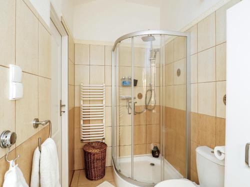 a bathroom with a shower and a toilet at Apartament Greta in Złoty Stok