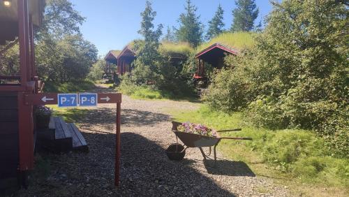 a street sign with a wheelbarrow with a pot of flowers at Stora Sandfell Rooms and Cottages in Stóra-Sandfell